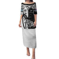 Custom New Zealand And Fiji Rugby 2024 Family Matching Puletasi and Hawaiian Shirt Maori Kiwi With Fijian Palm Tree LT05 Mom's Dress Black - Polynesian Pride