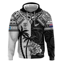 Custom New Zealand And Fiji Rugby 2024 Hoodie Maori Kiwi With Fijian Palm Tree LT05 Pullover Hoodie Black - Polynesian Pride