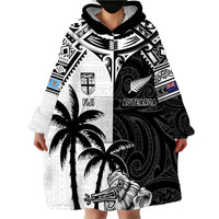 Custom New Zealand And Fiji Rugby 2024 Wearable Blanket Hoodie Maori Kiwi With Fijian Palm Tree LT05 - Polynesian Pride