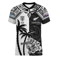 Custom New Zealand And Fiji Rugby 2024 Women V-Neck T-Shirt Maori Kiwi With Fijian Palm Tree LT05 Female Black - Polynesian Pride
