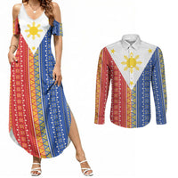 Philippines Sun Couples Matching Summer Maxi Dress and Long Sleeve Button Shirt Igorot Tribal Inspiration