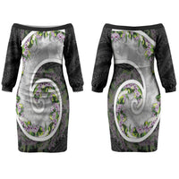 Piko Hawaii Couples Matching Off The Shoulder Long Sleeve Dress and Hawaiian Shirt Polynesian Pattern With Maile Pikake Honohono Lei