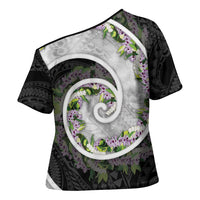 Piko Hawaii Cross Shoulder Shirt Polynesian Pattern With Maile Pikake Honohono Lei