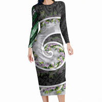 Piko Hawaii Long Sleeve Bodycon Dress Polynesian Pattern With Maile Pikake Honohono Lei