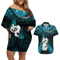 New Zealand Couples Matching Off Shoulder Short Dress and Hawaiian Shirt Manaia Maori Pattern With Turquoise Fern LT05 Turquoise - Polynesian Pride