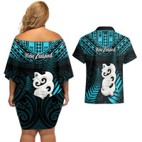 New Zealand Couples Matching Off Shoulder Short Dress and Hawaiian Shirt Manaia Maori Pattern With Turquoise Fern LT05 - Polynesian Pride