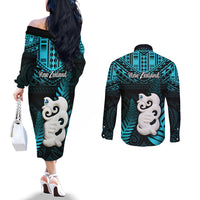 New Zealand Couples Matching Off The Shoulder Long Sleeve Dress and Long Sleeve Button Shirts Manaia Maori Pattern With Turquoise Fern LT05 - Polynesian Pride