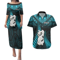 New Zealand Couples Matching Puletasi Dress and Hawaiian Shirt Manaia Maori Pattern With Turquoise Fern LT05 Turquoise - Polynesian Pride