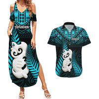 New Zealand Couples Matching Summer Maxi Dress and Hawaiian Shirt Manaia Maori Pattern With Turquoise Fern LT05 Turquoise - Polynesian Pride