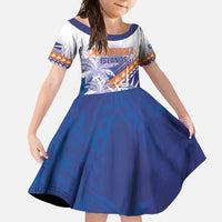 Personalised Marshall Islands Manit Day Family Matching Long Sleeve Bodycon Dress and Hawaiian Shirt Polynesian Tribal Tattoo Tropical Style LT05 Daughter's Dress Blue - Polynesian Pride