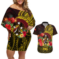 Papua New Guinea Couples Matching Off Shoulder Short Dress and Hawaiian Shirt Coat Of Arms Tropical Flowers Polynesian Pattern LT05 Yellow - Polynesian Pride