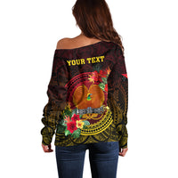 Personalized Papua New Guinea Off Shoulder Sweater Coat Of Arms Tropical Flowers Polynesian Pattern LT05 - Polynesian Pride