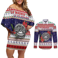 American Samoa Christmas Couples Matching Off Shoulder Short Dress and Long Sleeve Button Shirt Poinsettia La Maunia Le Kilisimasi