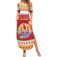 French Polynesia Christmas Family Matching Summer Maxi Dress and Hawaiian Shirt Coat Of Arms Merry Xmas LT05 Mom's Dress Red - Polynesian Pride