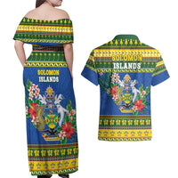 Solomon Islands Christmas Couples Matching Off Shoulder Maxi Dress and Hawaiian Shirt Coat Of Arms Merry Xmas LT05 - Polynesian Pride