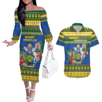 Solomon Islands Christmas Couples Matching Off The Shoulder Long Sleeve Dress and Hawaiian Shirt Coat Of Arms Merry Xmas LT05 Green - Polynesian Pride