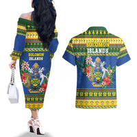 Solomon Islands Christmas Couples Matching Off The Shoulder Long Sleeve Dress and Hawaiian Shirt Coat Of Arms Merry Xmas LT05 - Polynesian Pride