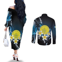 Palau United Nations Day Couples Matching Off The Shoulder Long Sleeve Dress and Long Sleeve Button Shirt Polynesian Curves Plumeria LT05 - Polynesian Pride