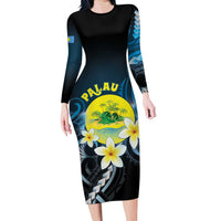 Palau United Nations Day Family Matching Long Sleeve Bodycon Dress and Hawaiian Shirt Polynesian Curves Plumeria LT05 Mom's Dress Black - Polynesian Pride
