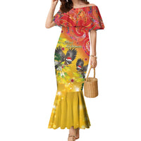 New Zealand Piwakawaka Christmas Family Matching Mermaid Dress and Hawaiian Shirt With Maori Pattern LT05 Mom's Dress Yellow - Polynesian Pride