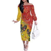 New Zealand Piwakawaka Christmas Off The Shoulder Long Sleeve Dress With Maori Pattern LT05 Women Yellow - Polynesian Pride