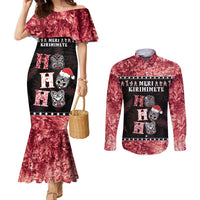 Personalised New Zealand Tiki Christmas Couples Matching Mermaid Dress and Long Sleeve Button Shirt Ho Ho Ho Paua Shell Glitter Red LT05 Black - Polynesian Pride