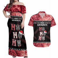 Personalised New Zealand Tiki Christmas Couples Matching Off Shoulder Maxi Dress and Hawaiian Shirt Ho Ho Ho Paua Shell Glitter Red LT05 Black - Polynesian Pride