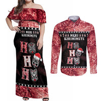 Personalised New Zealand Tiki Christmas Couples Matching Off Shoulder Maxi Dress and Long Sleeve Button Shirt Ho Ho Ho Paua Shell Glitter Red LT05 Black - Polynesian Pride