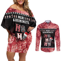 Personalised New Zealand Tiki Christmas Couples Matching Off Shoulder Short Dress and Long Sleeve Button Shirt Ho Ho Ho Paua Shell Glitter Red LT05 Black - Polynesian Pride