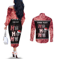 Personalised New Zealand Tiki Christmas Couples Matching Off The Shoulder Long Sleeve Dress and Long Sleeve Button Shirt Ho Ho Ho Paua Shell Glitter Red LT05 - Polynesian Pride