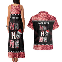Personalised New Zealand Tiki Christmas Couples Matching Tank Maxi Dress and Hawaiian Shirt Ho Ho Ho Paua Shell Glitter Red LT05 - Polynesian Pride