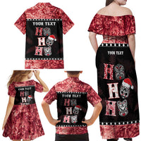Personalised New Zealand Tiki Christmas Family Matching Off Shoulder Maxi Dress and Hawaiian Shirt Ho Ho Ho Paua Shell Glitter Red LT05 - Polynesian Pride