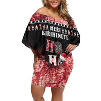 Personalised New Zealand Tiki Christmas Family Matching Off Shoulder Short Dress and Hawaiian Shirt Ho Ho Ho Paua Shell Glitter Red LT05 Mom's Dress Black - Polynesian Pride