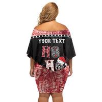 Personalised New Zealand Tiki Christmas Family Matching Off Shoulder Short Dress and Hawaiian Shirt Ho Ho Ho Paua Shell Glitter Red LT05 - Polynesian Pride