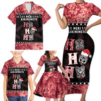 Personalised New Zealand Tiki Christmas Family Matching Short Sleeve Bodycon Dress and Hawaiian Shirt Ho Ho Ho Paua Shell Glitter Red LT05 - Polynesian Pride