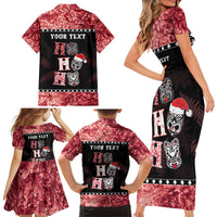Personalised New Zealand Tiki Christmas Family Matching Short Sleeve Bodycon Dress and Hawaiian Shirt Ho Ho Ho Paua Shell Glitter Red LT05 - Polynesian Pride