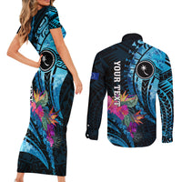 Personalised FSM Chuuk State Couples Matching Short Sleeve Bodycon Dress and Long Sleeve Button Shirt Tropical Flowers Tribal Pattern LT05 - Polynesian Pride