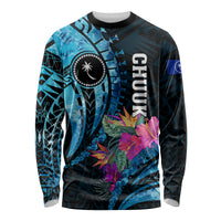 Personalised FSM Chuuk State Long Sleeve Shirt Tropical Flowers Tribal Pattern LT05 Unisex Blue - Polynesian Pride