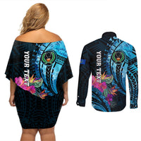 Personalised FSM Pohnpei State Couples Matching Off Shoulder Short Dress and Long Sleeve Button Shirt Tropical Flowers Tribal Pattern LT05 - Polynesian Pride
