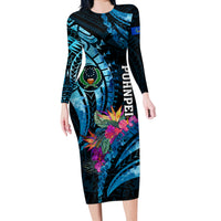 Personalised FSM Pohnpei State Long Sleeve Bodycon Dress Tropical Flowers Tribal Pattern LT05 Long Dress Blue - Polynesian Pride