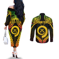 Personalised Vanuatu Father Lini Day Couples Matching Off The Shoulder Long Sleeve Dress and Long Sleeve Button Shirt Polynesian Tribal Pattern LT05 - Polynesian Pride