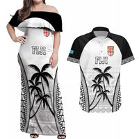 Custom Fiji Tapa Football Couples Matching Off Shoulder Maxi Dress and Hawaiian Shirt Sporty Style LT05 White - Polynesian Pride