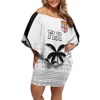 Custom Fiji Tapa Football Family Matching Off Shoulder Short Dress and Hawaiian Shirt Sporty Style LT05 Mom's Dress White - Polynesian Pride