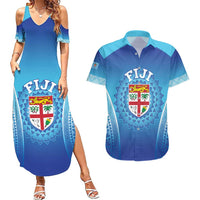Custom Fiji Football Couples Matching Summer Maxi Dress and Hawaiian Shirt Fijian Tapa Pattern LT05 Blue - Polynesian Pride