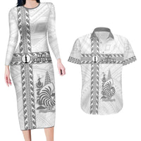 Custom New Caledonia Football Couples Matching Long Sleeve Bodycon Dress and Hawaiian Shirt Go The Kagus LT05 White - Polynesian Pride