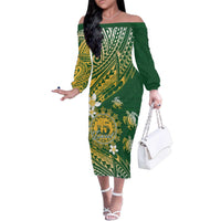 Cook Islands 15 Finest Family Matching Off The Shoulder Long Sleeve Dress and Hawaiian Shirt Plumeria Polynesian Turtle LT05 Mom's Dress Green - Polynesian Pride