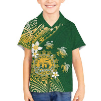 Cook Islands 15 Finest Family Matching Off Shoulder Maxi Dress and Hawaiian Shirt Plumeria Polynesian Turtle LT05 Son's Shirt Green - Polynesian Pride