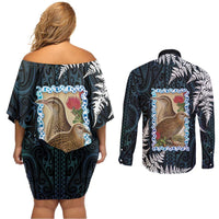 New Zealand Weka Couples Matching Off Shoulder Short Dress and Long Sleeve Button Shirt Maori Hen Koru Pattern - Polynesian Pride