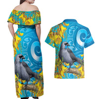 New Zealand Kokako Bird Couples Matching Off Shoulder Maxi Dress and Hawaiian Shirt Maori Koru With Kowhai Flowers LT05 - Polynesian Pride