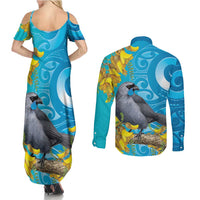 New Zealand Kokako Bird Couples Matching Summer Maxi Dress and Long Sleeve Button Shirt Maori Koru With Kowhai Flowers LT05 - Polynesian Pride